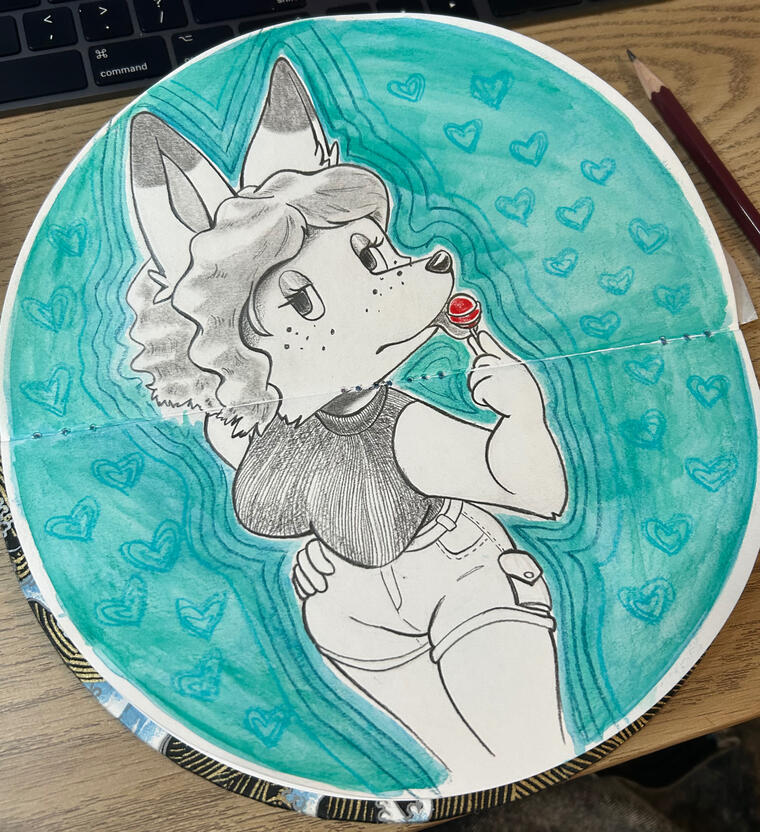 A retro 70's inspired pencil drawing of a female fox licking a lollipop.