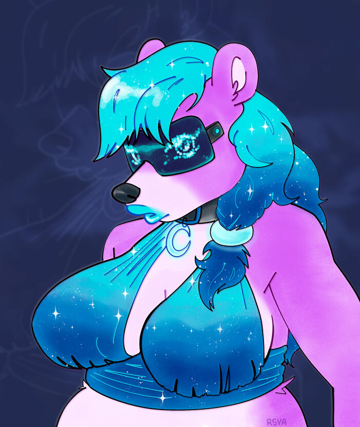 A cyan and magenta coloured female bear, wearing a visor with pixelated eyes.