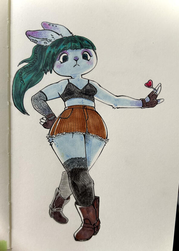 A traditional drawing of a blue anthro rabbit, wearing a cord mini skirt, black bra top, lace and leather accents.