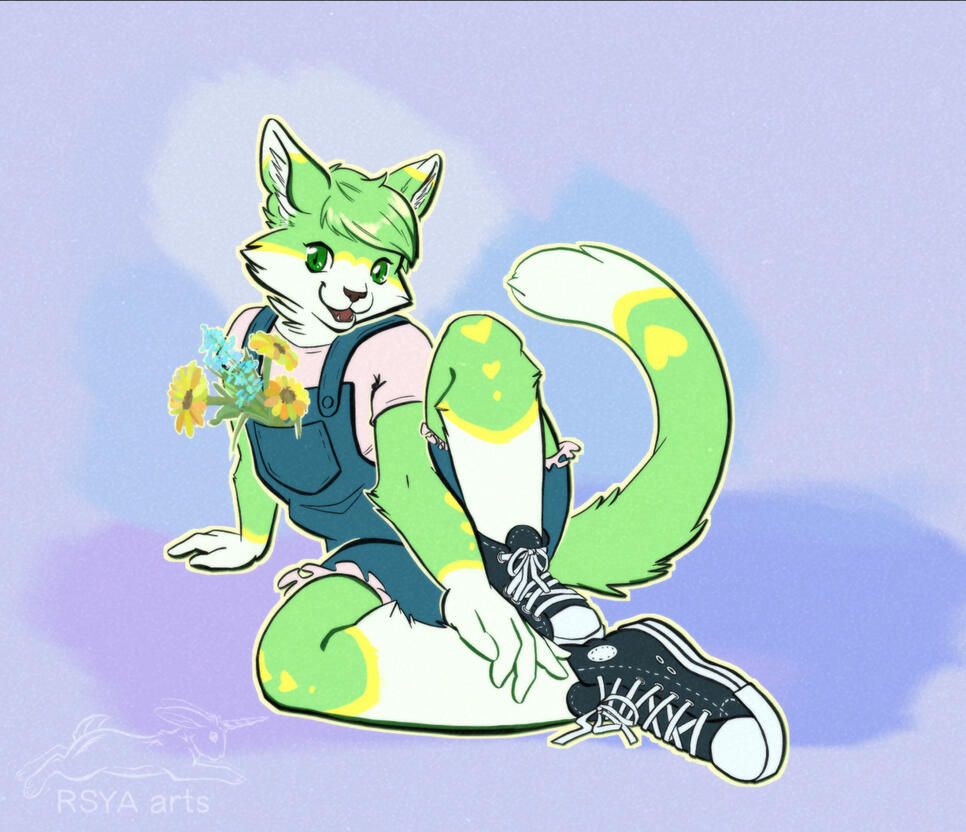 Sprout, a lime green cat sitting wearing overalls, with flowers in the front pocket. Character belongs to PatchFox.
