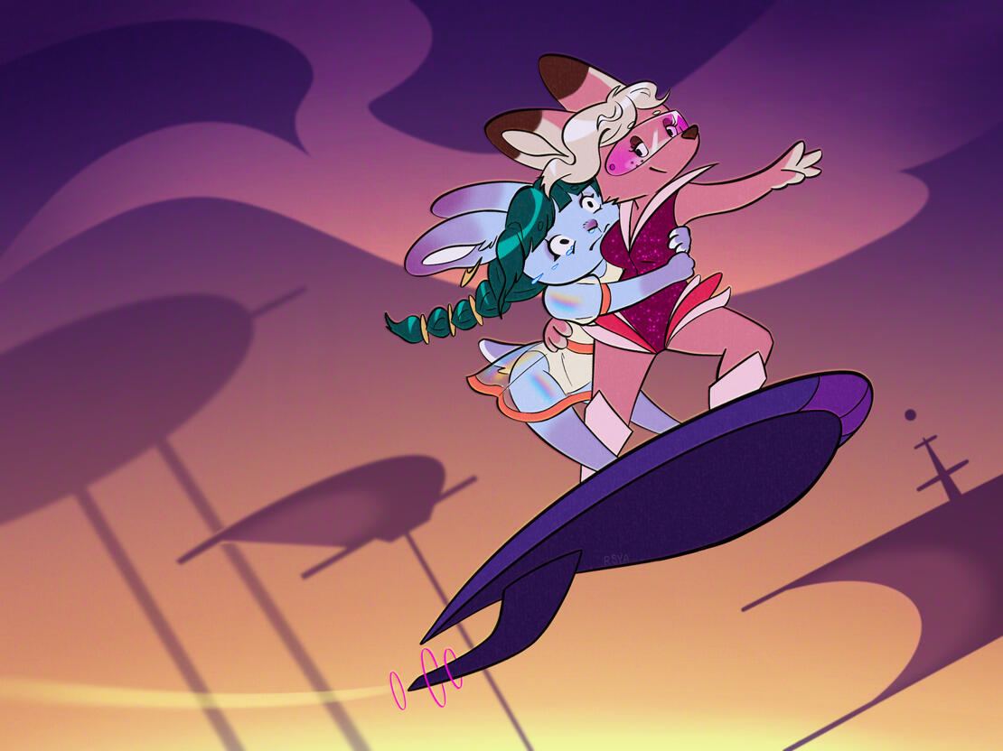 A retro jetsons style illustration, of a blue rabbit and pink fox riding on a flying skateboard at sunset.