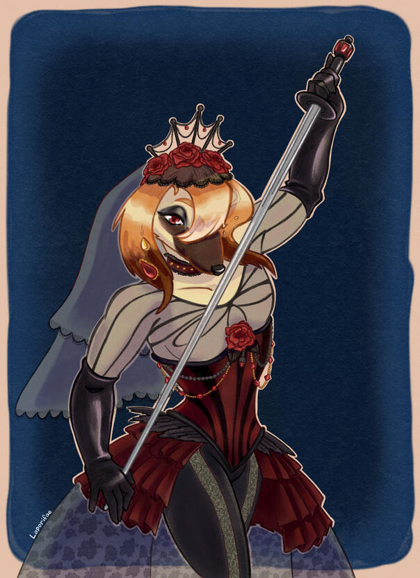 An anthro dog in romantic gothic attire, holding a long thin sword.