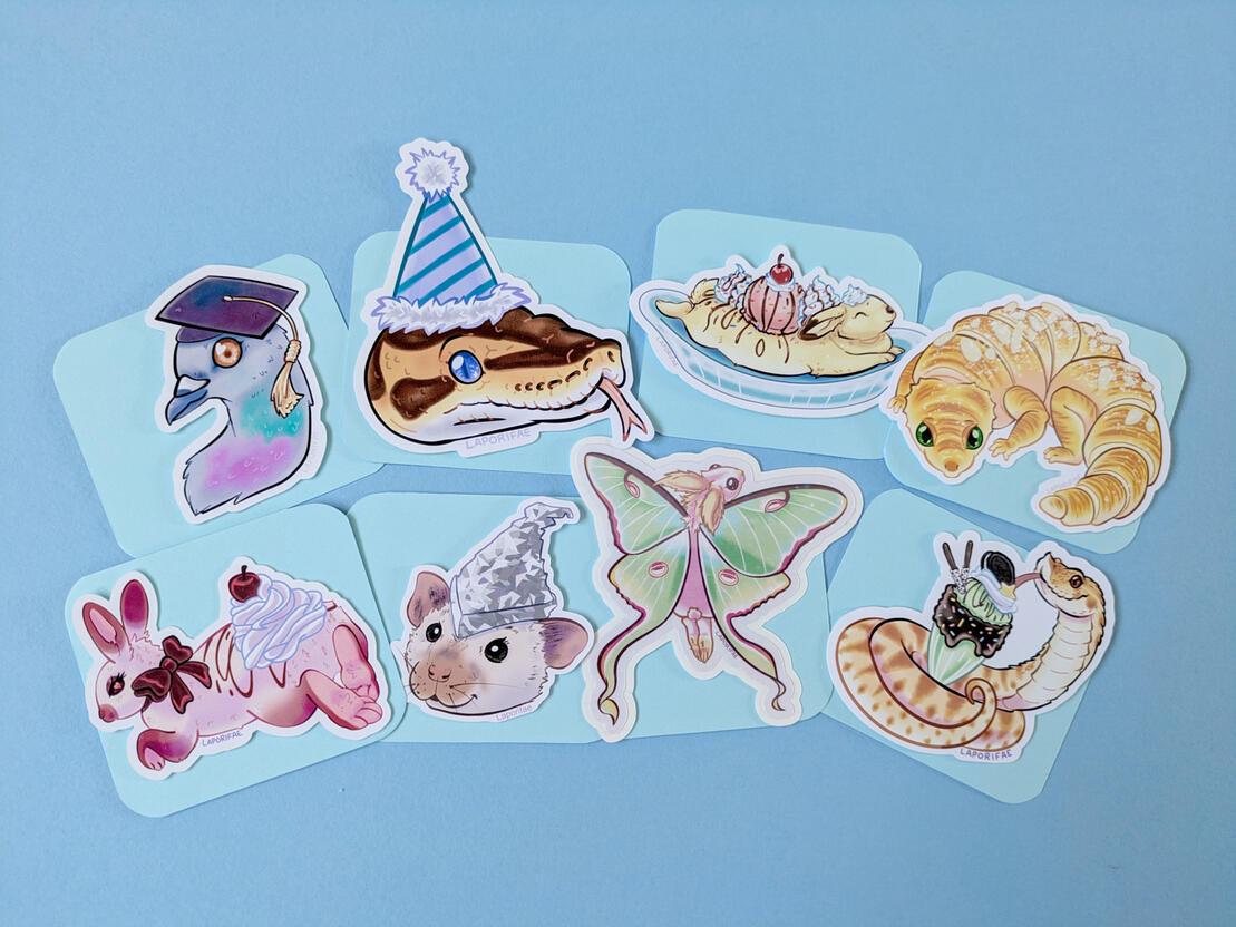 Animal stickers - pigeon with graduate hat, party hat python, tin foil hat rat, bunana split, croissant gecko, coquette cherry rabbit, luna moth bunny, milkshnake.